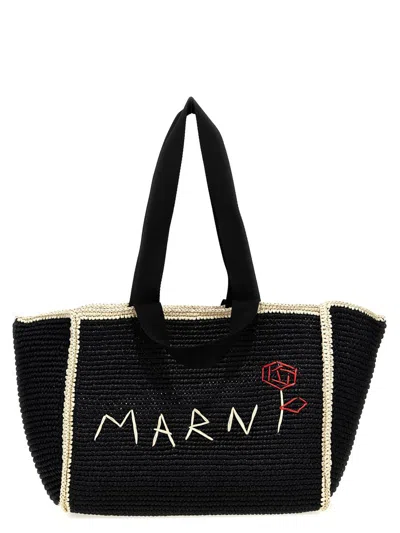 Shop Marni Macramé Shopping Bag In White/black