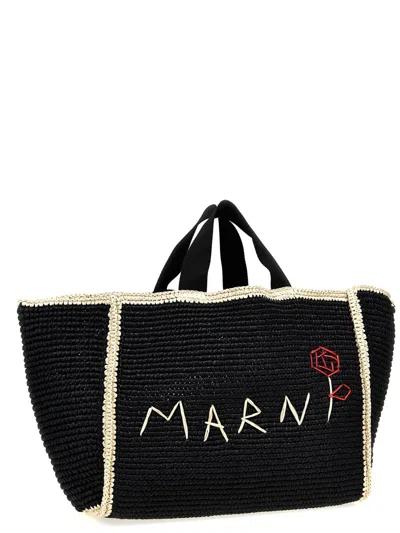 Shop Marni Macramé Shopping Bag In White/black