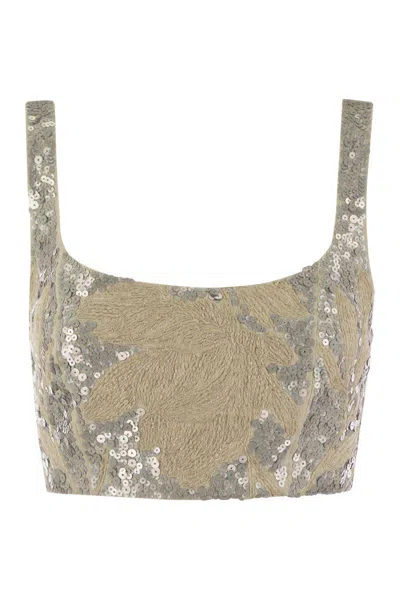 Shop Brunello Cucinelli Light Linen Crop Top With Embroidery In Natural