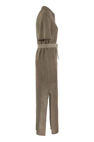 Shop Brunello Cucinelli Net Cotton Knit Dress With Belt In Hazelnut