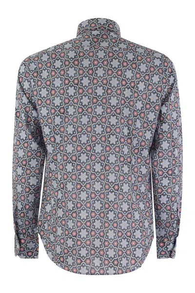 Fedeli Printed Stretch Cotton Voile Shirt In Blue