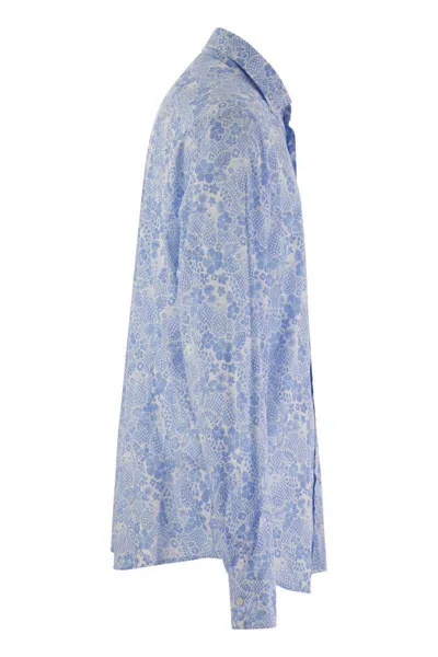 Fedeli Printed Stretch Cotton Voile Shirt In Blue