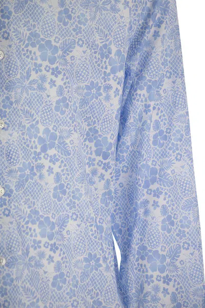 Shop Fedeli Printed Stretch Cotton Voile Shirt In Blue