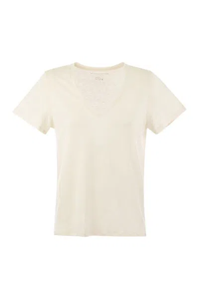 Shop Majestic Filatures Linen V-neck T-shirt With Short Sleeves In Cream