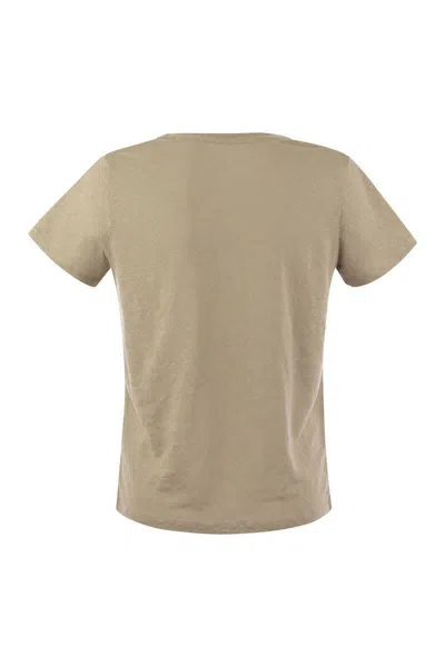 Shop Majestic Filatures Linen V-neck T-shirt With Short Sleeves In Sand