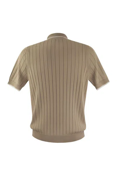 Shop Peserico Polo Shirt In Pure Cotton Crepe Yarn With Flat Rib In Beige/white