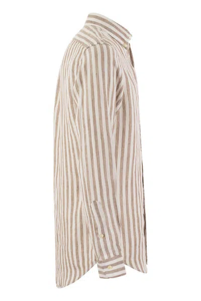 Shop Polo Ralph Lauren Custom-fit Striped Linen Shirt In Kaki/white