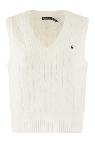 Shop Polo Ralph Lauren Plaited Cotton V-neck Waistcoat In White