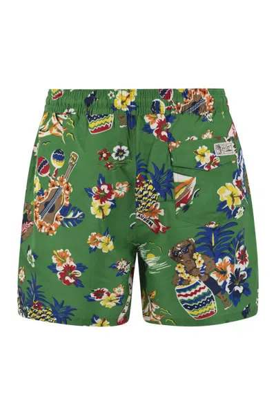 Shop Polo Ralph Lauren Traveler Polo Bear Beach Boxer Shorts In Green
