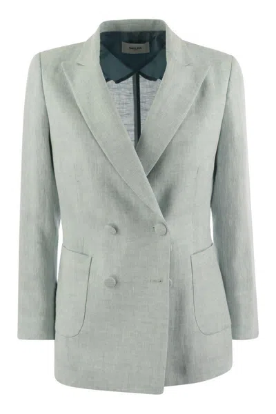 Shop Saulina Assunta - Double-breasted Linen Jacket In Blue