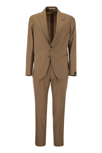 Shop Tagliatore Pinstripe Suit In Wool And Silk In Cognac