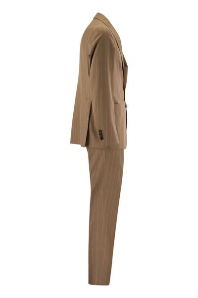 Tagliatore Men Pinstripe Suit In Wool And Silk In Cognac