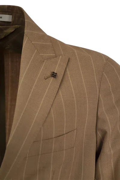 Shop Tagliatore Pinstripe Suit In Wool And Silk In Cognac