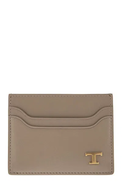 Shop Tod's Leather Card Holder With Logo In Beige