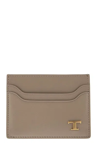 Tod's Leather Card Holder With Logo In Neutral