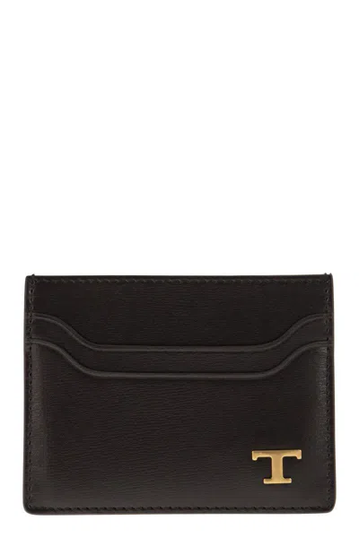 Shop Tod's Leather Card Holder With Logo In Tobacco