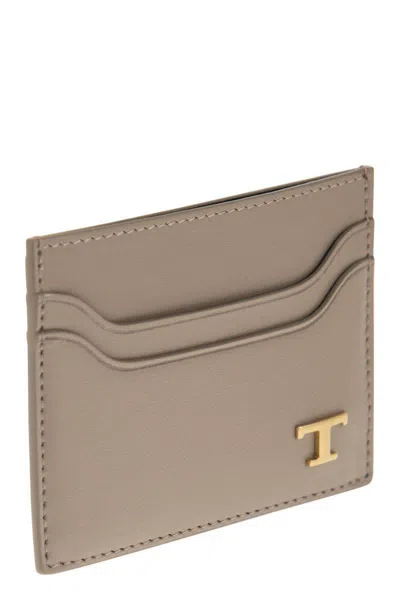 Shop Tod's Leather Card Holder With Logo In Beige