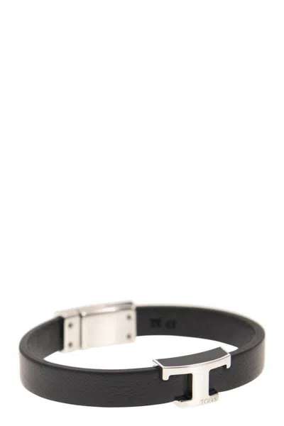 Shop Tod's T Timeless Leather Bracelet In Black