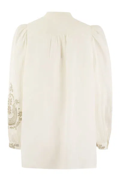 Shop Weekend Max Mara Carnia - Linen Cloth Shirt With Embroidery In White/beige