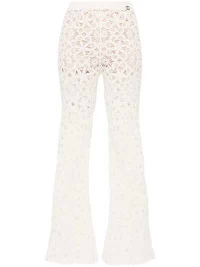 Shop Twinset Flared Cotton Pants With Crocheted Flower Details In Beige