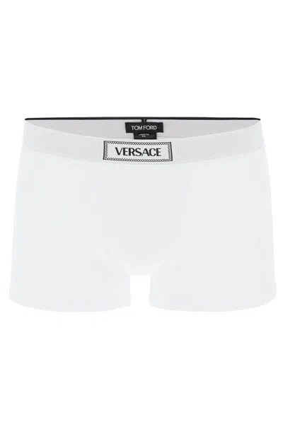 Shop Versace Intimate Boxer Shorts With Logo Band In Bianco