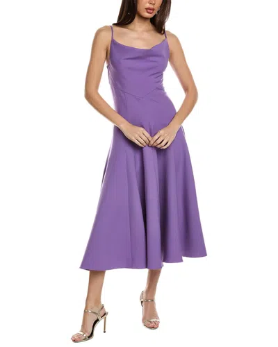 Shop Oscar De La Renta Cowl Neck Full Skirt Wool-blend Midi Dress In Purple