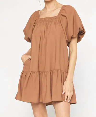 Shop Entro Bubble Sleeve Mini Dress In Camel In Brown