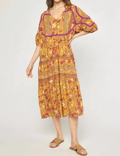 Shop Entro Floral Lace Trim Midi Dress In Gold
