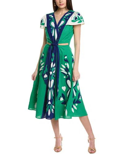 Shop Farm Rio Soft Garden Patchwork Linen-blend Midi Dress In Green