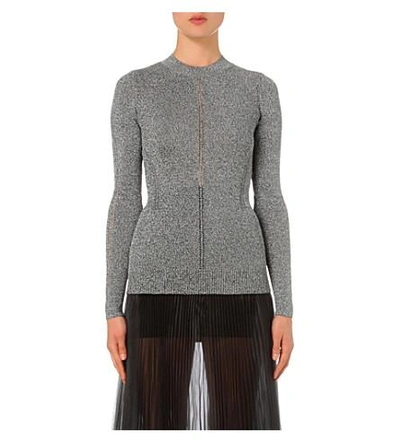 Shop Christopher Kane Open-embroidered Metallic-knit Jumper In Silver