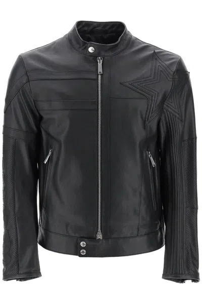 Shop Dsquared2 Leather Biker Jacket With Contrasting Lettering In Nero