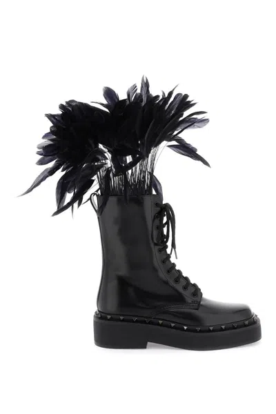 Shop Valentino Leather M-way Rockstud Combat Boots With Feathers In Nero