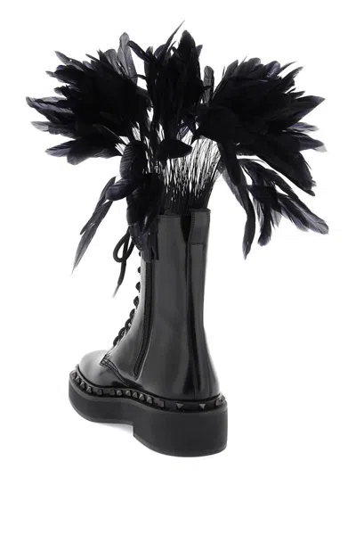 Shop Valentino Leather M-way Rockstud Combat Boots With Feathers In Nero