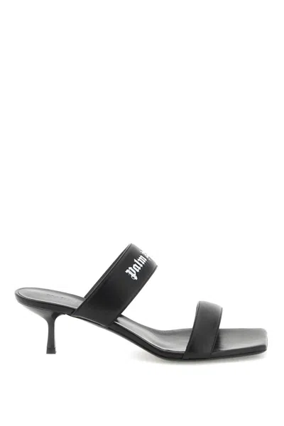 Shop Palm Angels Leather Mules With Logo In Nero