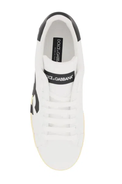 Shop Dolce & Gabbana Leather Portofino Sneakers With Dg Logo In Bianco