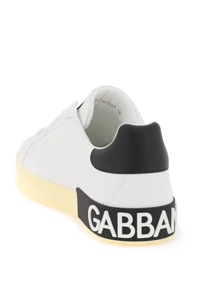 Shop Dolce & Gabbana Leather Portofino Sneakers With Dg Logo In Bianco