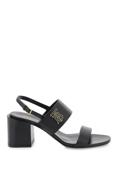 Shop Burberry Leather Sandals With Monogram In Nero