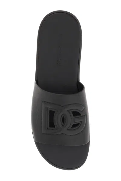 Shop Dolce & Gabbana Leather Slides With Dg Cut-out In Nero