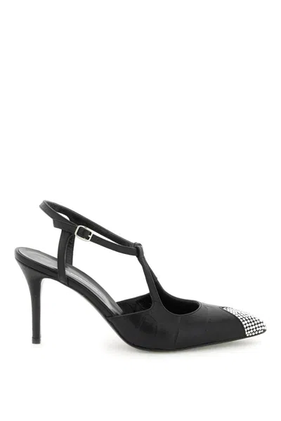 Shop Alessandra Rich Leather Slingback Pumps With Crystal Point In Nero