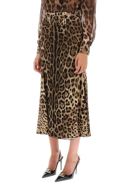 Shop Dolce & Gabbana Leopard Print Jersey Midi Skirt In Beige