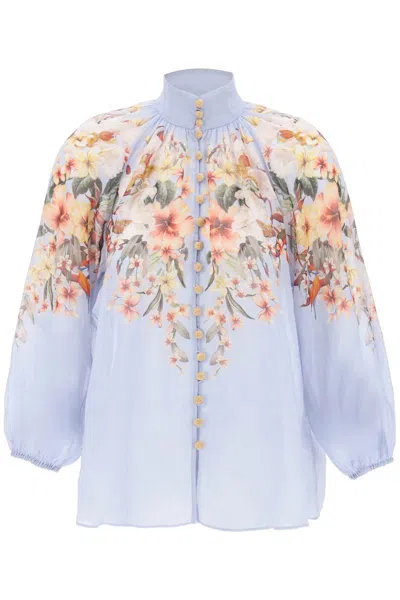 Shop Zimmermann Lexi Billow Shirt With Floral Motif In Celeste