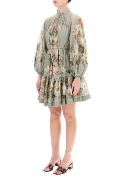 Shop Zimmermann Lexi Billow Floral Mini Dress In Verde