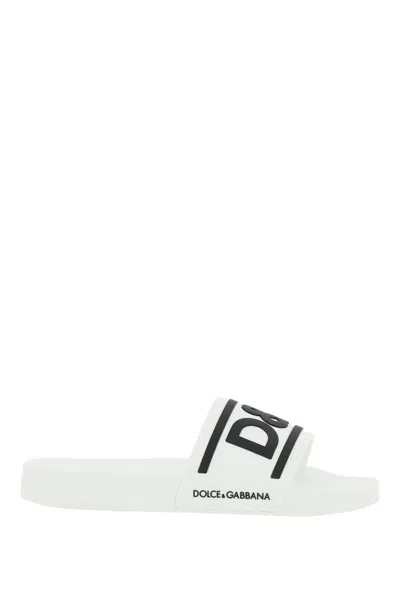 Shop Dolce & Gabbana Logoed Slides In Bianco