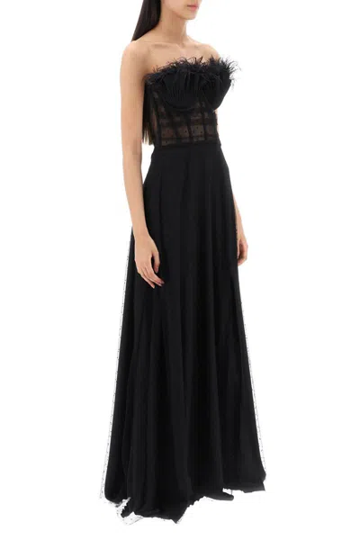 Shop 19:13 Dresscode Long Bustier Dress With Feather Trim In Nero