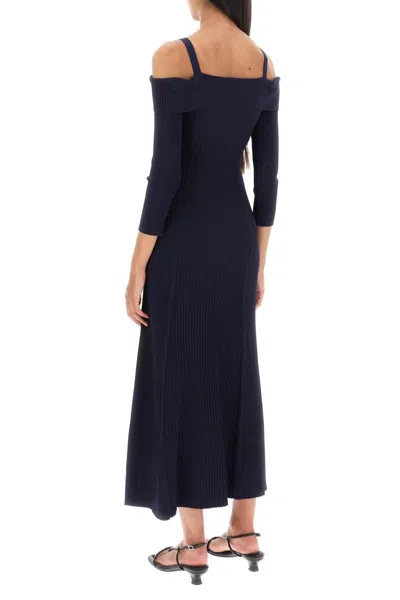 Shop Ganni Long Knitted Off-the-shoulder Dress In Blu