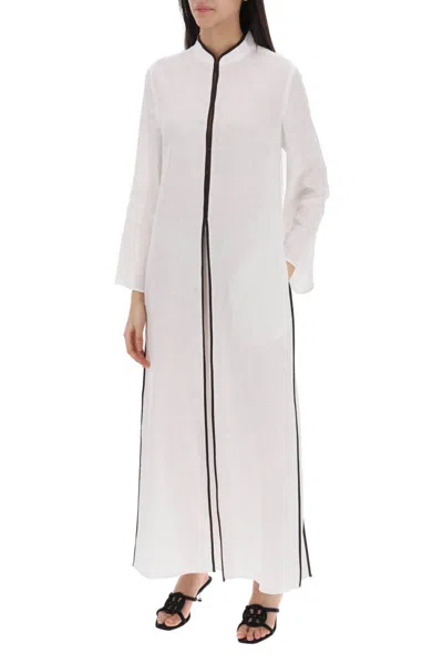 Shop Tory Burch Long Linen Caftan Dress In Bianco