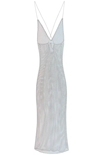 Shop Ganni Long Mesh Dress With Crystals In Argento