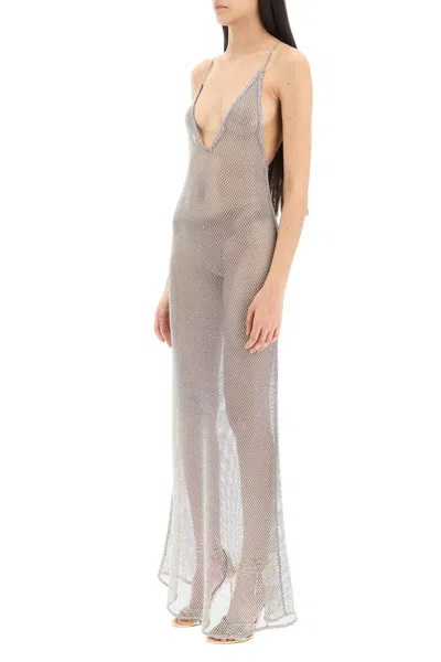 Shop Ganni Long Mesh Dress With Crystals In Argento