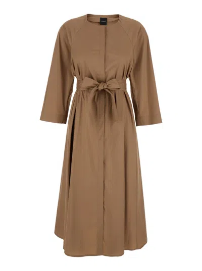 Shop Plain Long Beige Dress With Belt In Fabric Woman