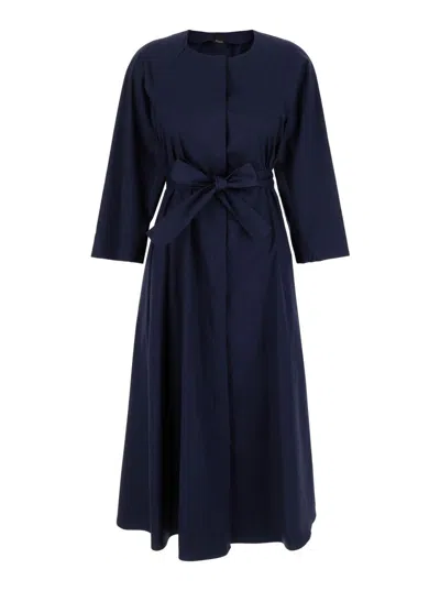 Shop Plain Long Blue Dress With Belt In Fabric Woman
